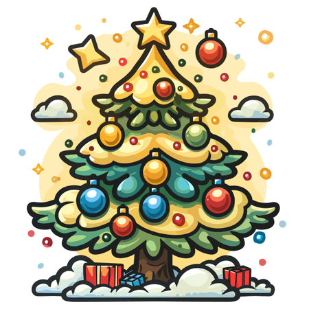 Christmas tree with balls, gift boxes and stars. Vector illustration.のイラスト素材