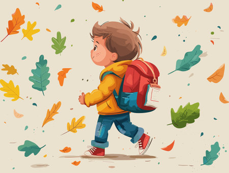 Cute little boy walking in the autumn park. Vector illustration.のイラスト素材
