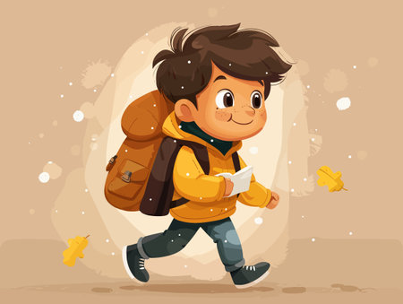 Boy with backpack and map walking in the autumn season. Vector illustrationのイラスト素材