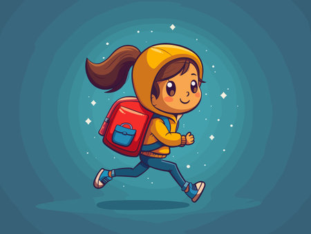 Cute little schoolgirl running with backpack. Vector cartoon illustration.のイラスト素材