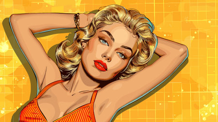 Beautiful blonde girl in a bikini on a colorful background. Vector illustration.のイラスト素材