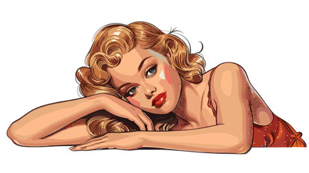 Beautiful woman with curly hair and red lips. Vector illustration.のイラスト素材