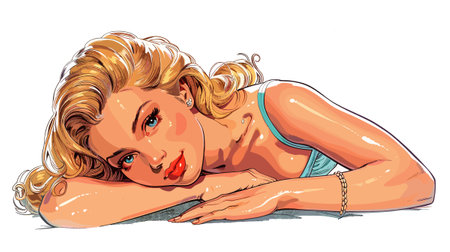 Sexy blonde girl in bikini lying on the floor. Vector illustration.のイラスト素材