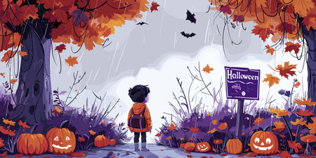 Halloween background with cute little boy in autumn forest, vector illustrationのイラスト素材