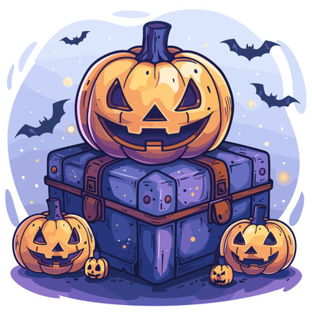 Halloween vector illustration with Jack o lanterns and treasure chest.のイラスト素材