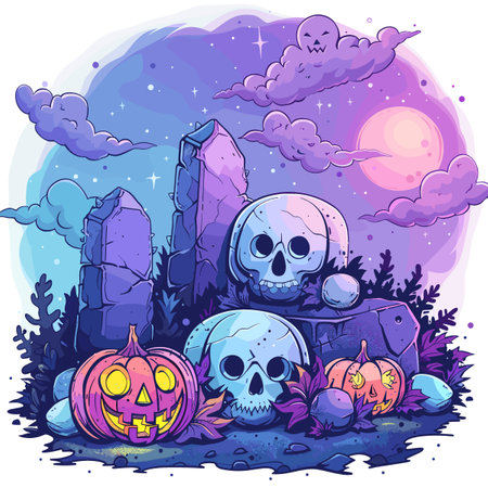 Halloween background with pumpkin, skull and grave. Vector illustration.のイラスト素材