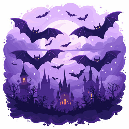 Halloween background with castle, bats and flying bats. Vector illustration.のイラスト素材