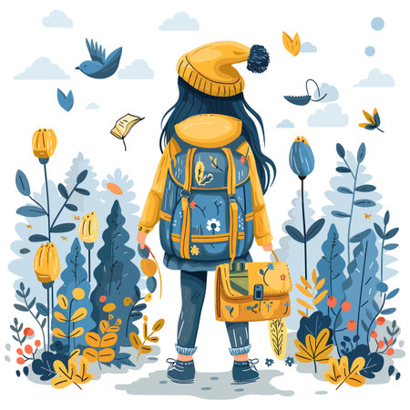 Vector illustration of a girl in a yellow jacket with a backpack and a hat.のイラスト素材