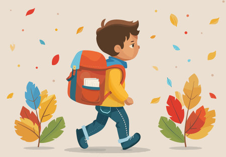 Back to school. Boy with backpack and autumn leaves. Vector illustrationのイラスト素材