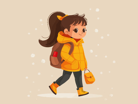 Cute little girl with backpack walking in winter. Vector illustration.のイラスト素材