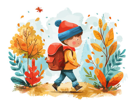 Vector illustration of a boy with a backpack walking in the autumn forest.のイラスト素材