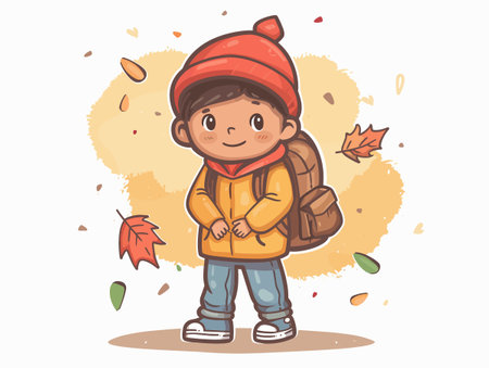Cute little boy in warm clothes with backpack and autumn leaves. Vector illustrationのイラスト素材