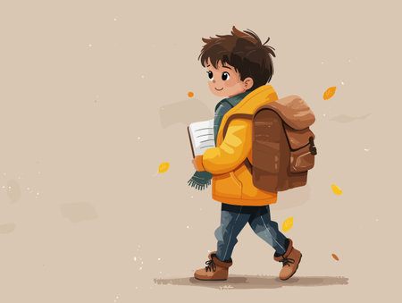 Boy with a backpack and a book in his hands. Vector illustration.のイラスト素材