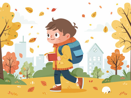 Cute little boy with backpack walking in autumn park. Vector illustrationのイラスト素材