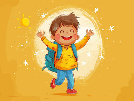 Happy boy with backpack on the background of the moon. Vector illustrationのイラスト素材