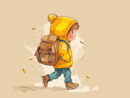 Illustration of a little boy with a backpack and autumn leaves.のイラスト素材