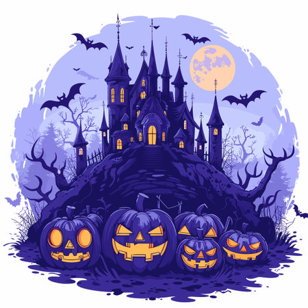Halloween background with castle, pumpkins and bats. Vector illustration.のイラスト素材