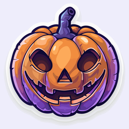 Halloween pumpkin sticker. Vector illustration in cartoon style on purple background.のイラスト素材