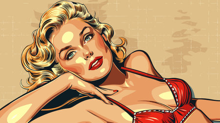 Sexy blonde woman in red bikini. Vector illustration in retro style.のイラスト素材