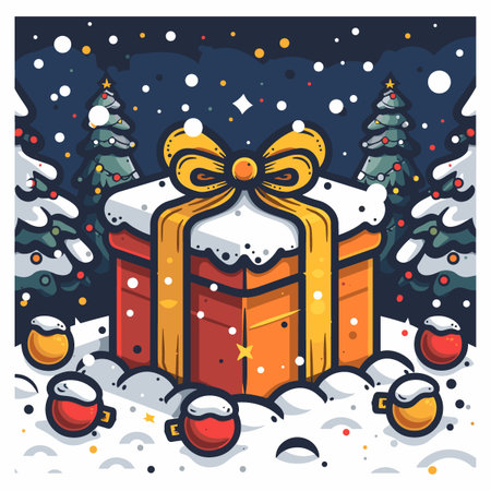 Christmas and New Year greeting card with gift box. Vector illustration.のイラスト素材