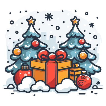 Christmas greeting card with gift box and Christmas tree. Vector illustration.のイラスト素材