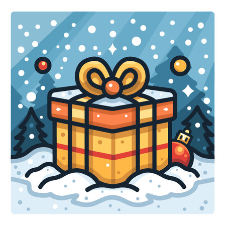 Christmas and New Year greeting card with gift box. Vector illustration.のイラスト素材