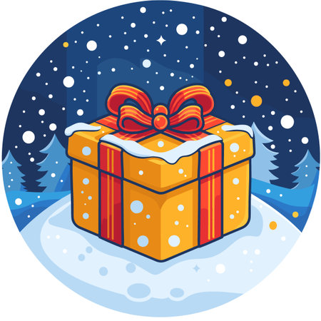 Illustration of a Christmas Gift Box in the Snowy Landscapeのイラスト素材