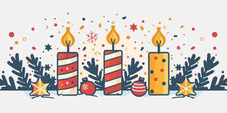 Christmas and New Year greeting card with candles and stars. Vector illustration.のイラスト素材