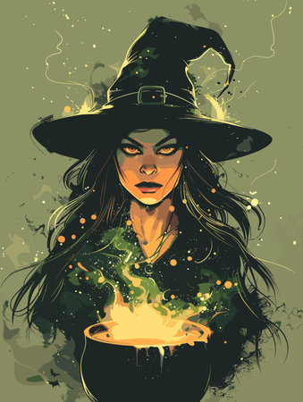 Vector illustration of a witch with a pot of potion in her handsのイラスト素材