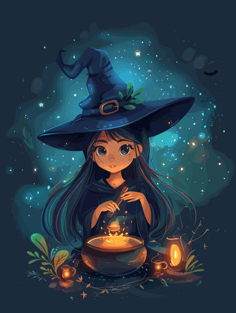 Cute little witch with magic potion. Vector illustration for Halloween.のイラスト素材