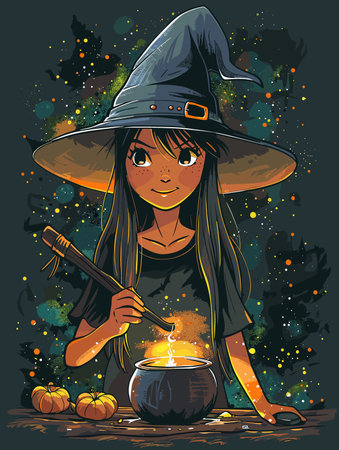 Illustration of a girl in a witch costume with a magic wandのイラスト素材