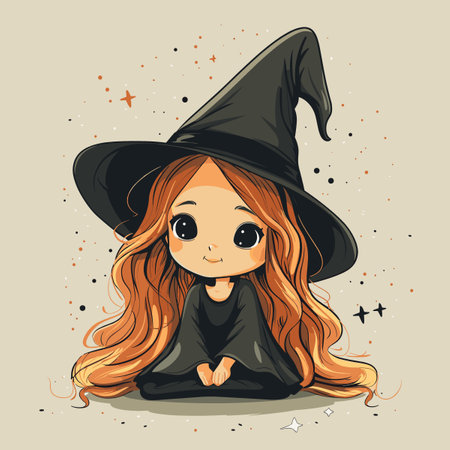 Cute little girl in witch costume. Halloween illustration. Vector.のイラスト素材