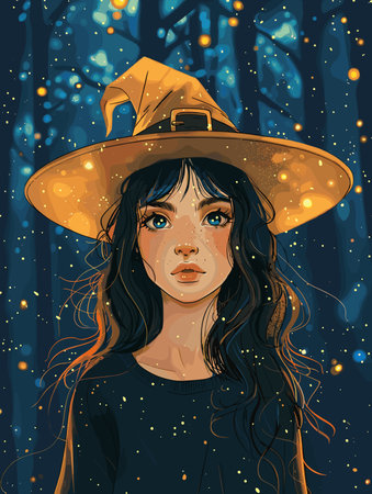Beautiful girl in a witch's hat in the forest. Vector illustration.のイラスト素材