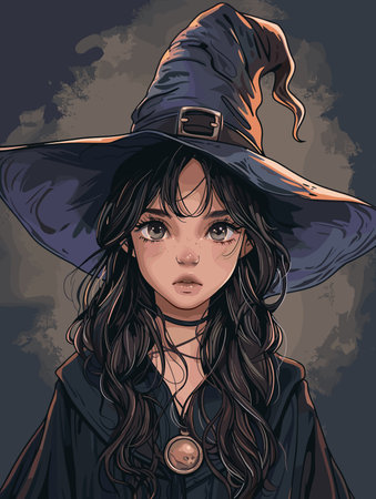 Beautiful girl in a witch's hat. Vector illustration. Halloween.のイラスト素材