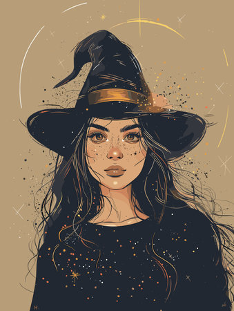 Vector illustration of a beautiful young witch in a hat. Halloween.のイラスト素材