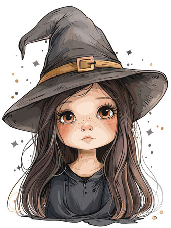 Cute little girl in witch costume. Vector illustration of a cute girl in a hat.のイラスト素材