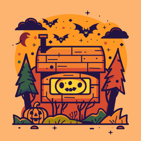 Halloween background with castle, pumpkins and bats. Vector illustration.のイラスト素材