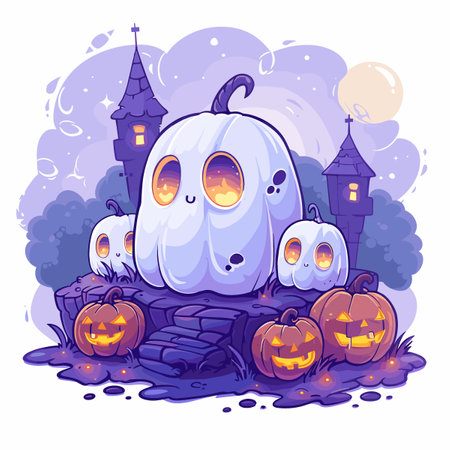 Halloween background with ghosts and pumpkins. Vector cartoon illustration.のイラスト素材