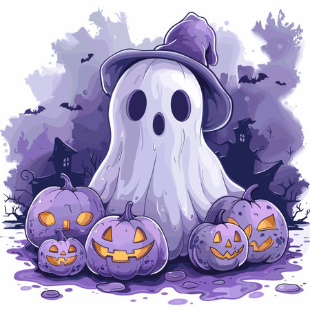 Cute cartoon ghost in front of the haunted house. Vector illustration.のイラスト素材