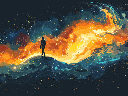 Man standing on the ocean. Illustration of a man in space.のイラスト素材