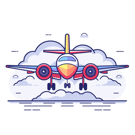 Airplane flying in the clouds. Air transport. Vector illustration.のイラスト素材