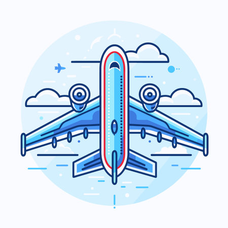 Airplane in the blue sky. Vector illustration in thin line style.のイラスト素材