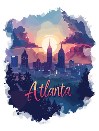 Atlanta (Georgia) city, USA. Touristic Greeting Card, travel poster from Atlanta. Art Vector Illustrationのイラスト素材