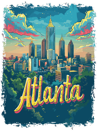 Atlanta (Georgia) city, USA. Touristic Greeting Card, travel poster from Atlanta. Art Vector Illustrationのイラスト素材