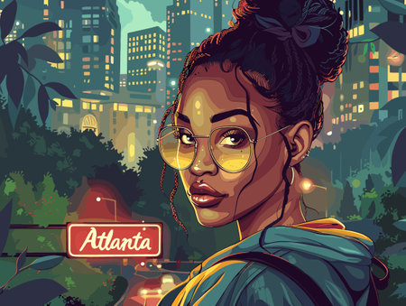 Atlanta (Georgia) city, USA. Touristic Greeting Card, travel poster from Atlanta. Art Vector Illustrationのイラスト素材