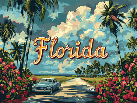 Florida city, USA. Touristic Greeting Card, travel poster from Florida. Art Vector Illustrationのイラスト素材