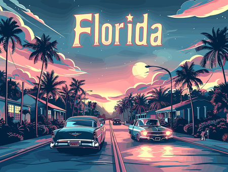 Florida city, USA. Touristic Greeting Card, travel poster from Florida. Art Vector Illustrationのイラスト素材