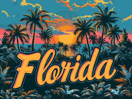 Florida city, USA. Touristic Greeting Card, travel poster from Florida. Art Vector Illustrationのイラスト素材