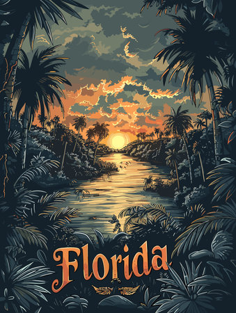 Florida city, USA. Touristic Greeting Card, travel poster from Florida. Art Vector Illustrationのイラスト素材