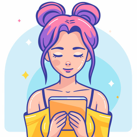 Vector illustration of girl with pink hair and smartphone in her hands. Cartoon style.のイラスト素材